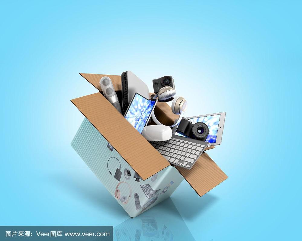 产品类别的概念,小型消费电子飞出盒子3d渲染在蓝色梯度
